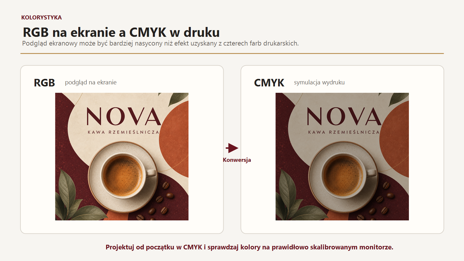 Porównanie wyglądu przykładowego projektu NOVA w RGB na ekranie i po konwersji do CMYK